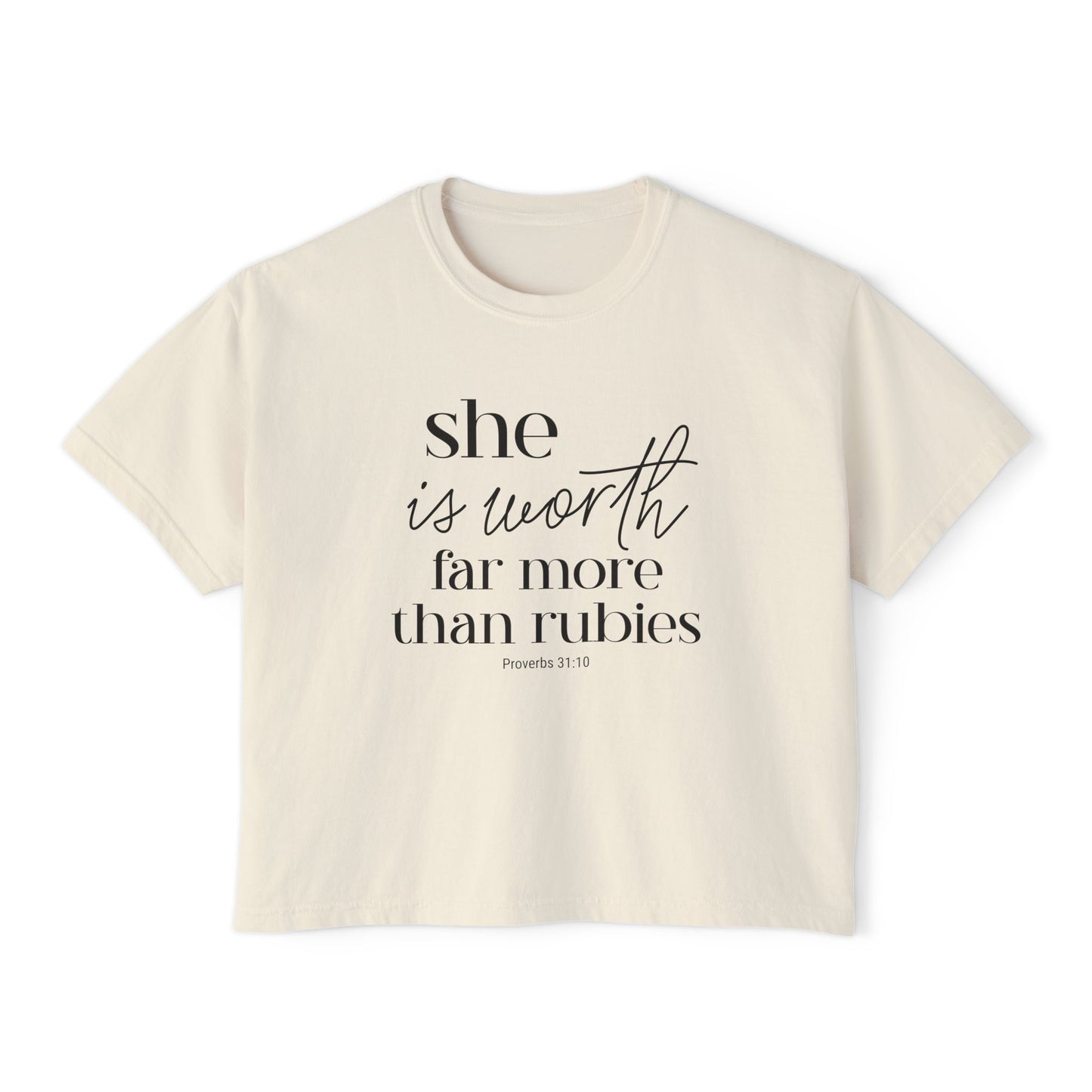 Proverbs 31 Woman Boxy Tee — "She is Worth Far More Than Rubies" Inspirational Christian Top