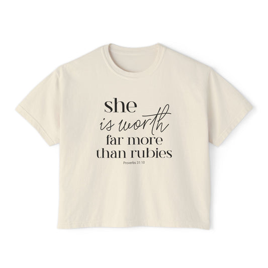 Proverbs 31 Woman Boxy Tee — "She is Worth Far More Than Rubies" Inspirational Christian Top