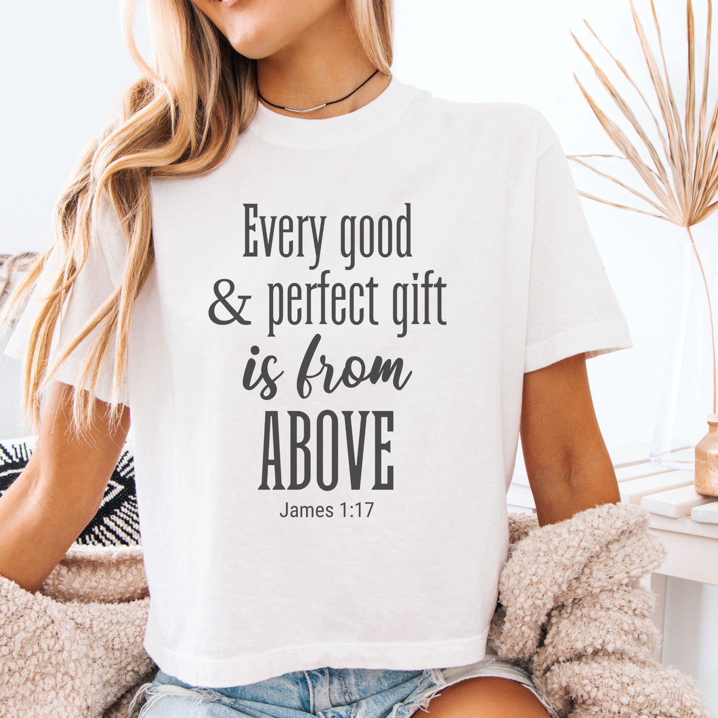 Women's Cropped Boxy Tee — "Every Good & Perfect Gift Is From Above" Faith Graphic