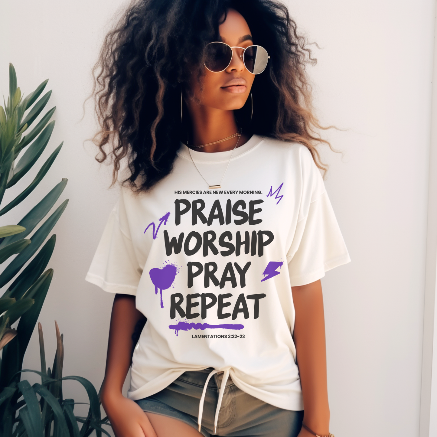 Praise Worship Pray Repeat T-Shirt — Christian Faith Graphic Tee