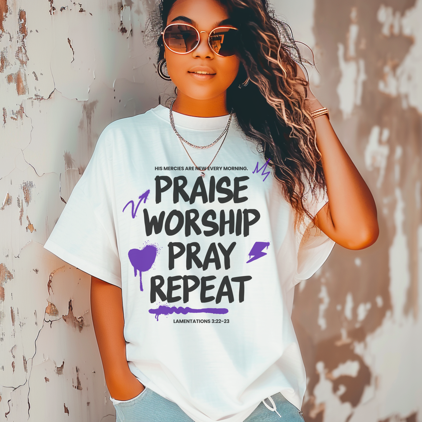 Praise Worship Pray Repeat T-Shirt — Christian Faith Graphic Tee