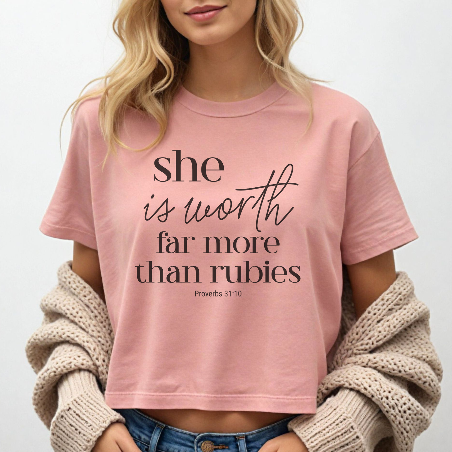 Proverbs 31 Woman Boxy Tee — "She is Worth Far More Than Rubies" Inspirational Christian Top