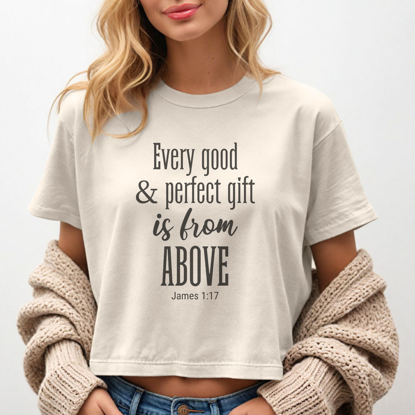 Women's Cropped Boxy Tee — "Every Good & Perfect Gift Is From Above" Faith Graphic