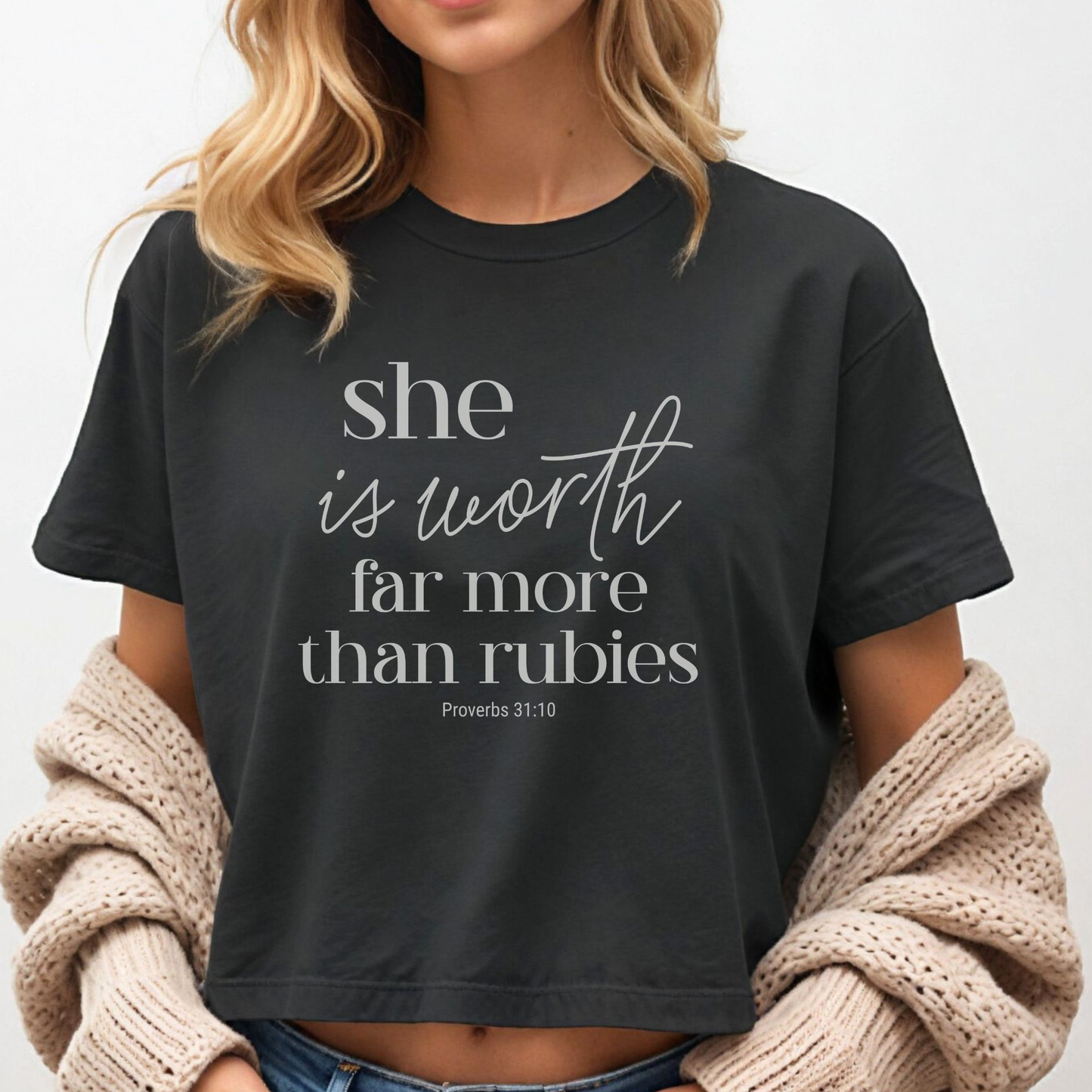 Proverbs 31 Woman Boxy Tee — "She is Worth Far More Than Rubies" Inspirational Christian Top
