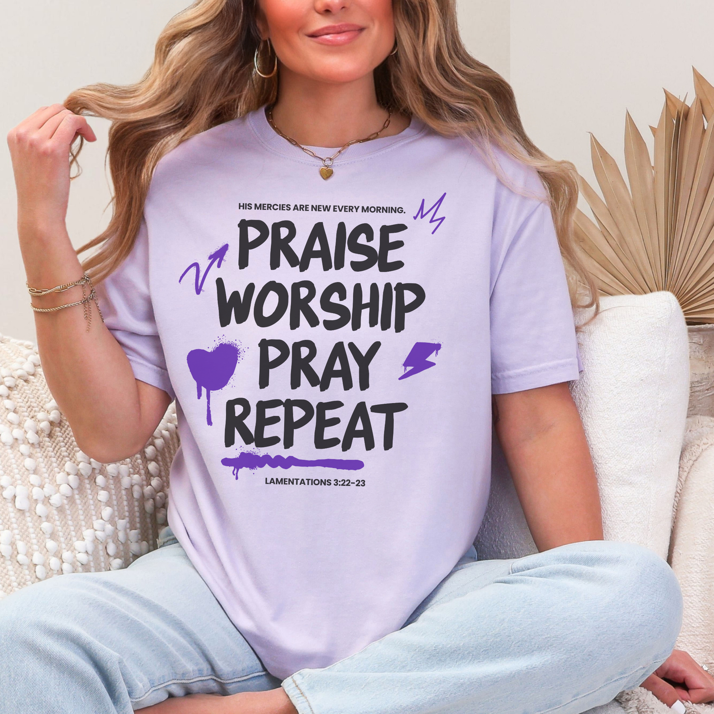 Praise Worship Pray Repeat T-Shirt — Christian Faith Graphic Tee