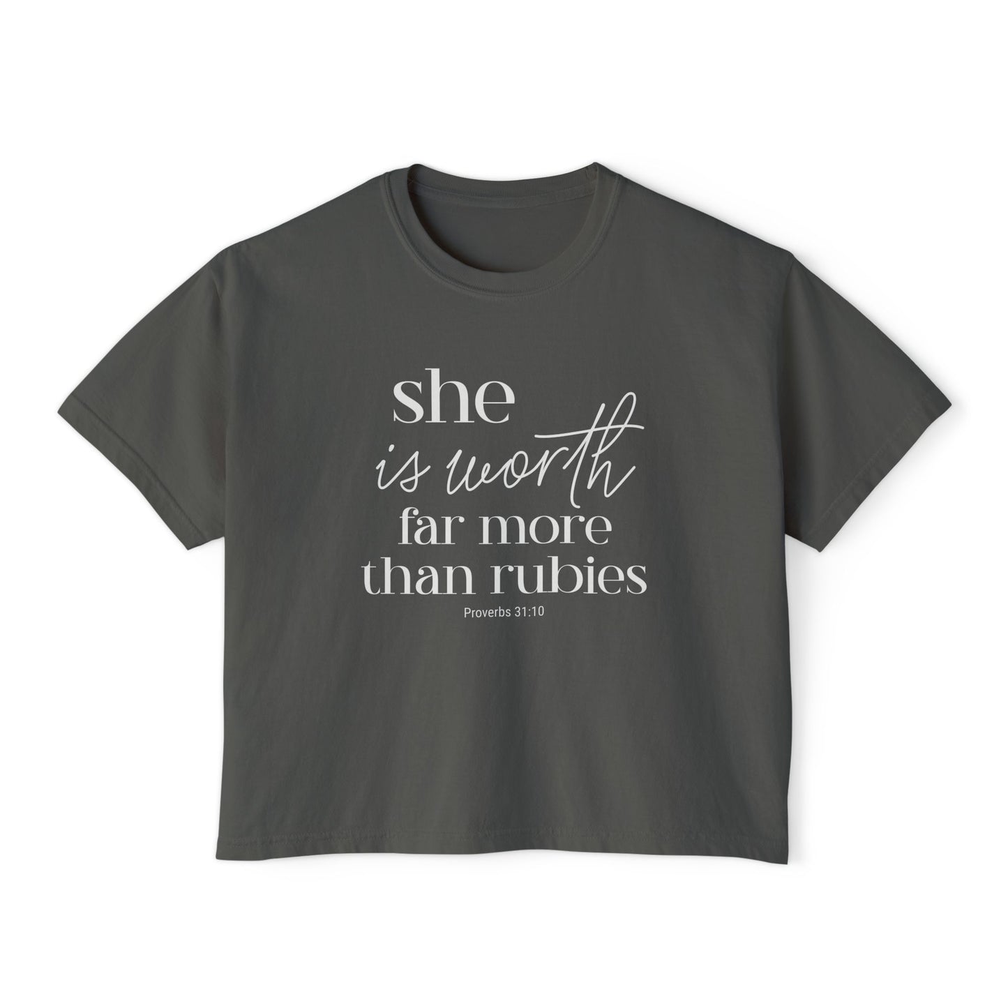Proverbs 31 Woman Boxy Tee — "She is Worth Far More Than Rubies" Inspirational Christian Top