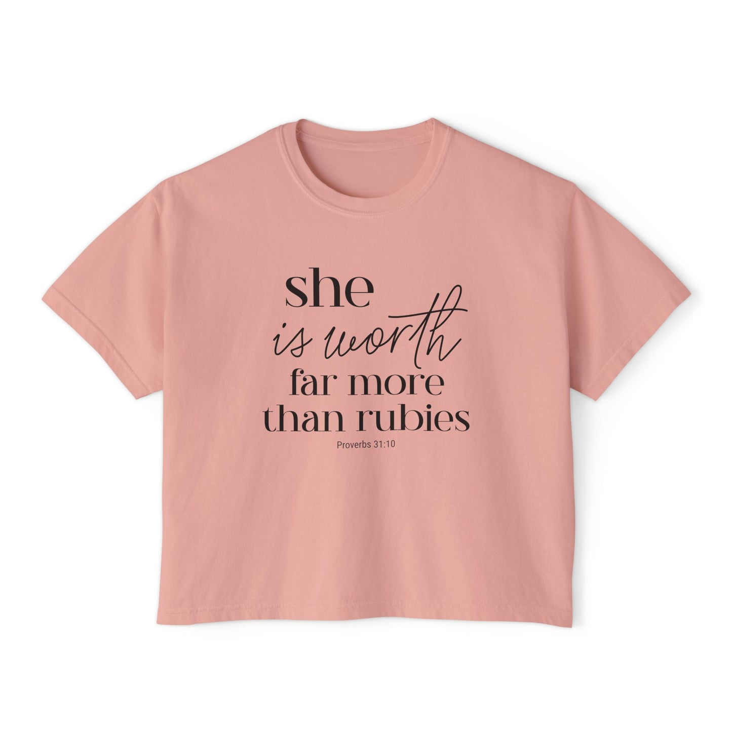 Proverbs 31 Woman Boxy Tee — "She is Worth Far More Than Rubies" Inspirational Christian Top