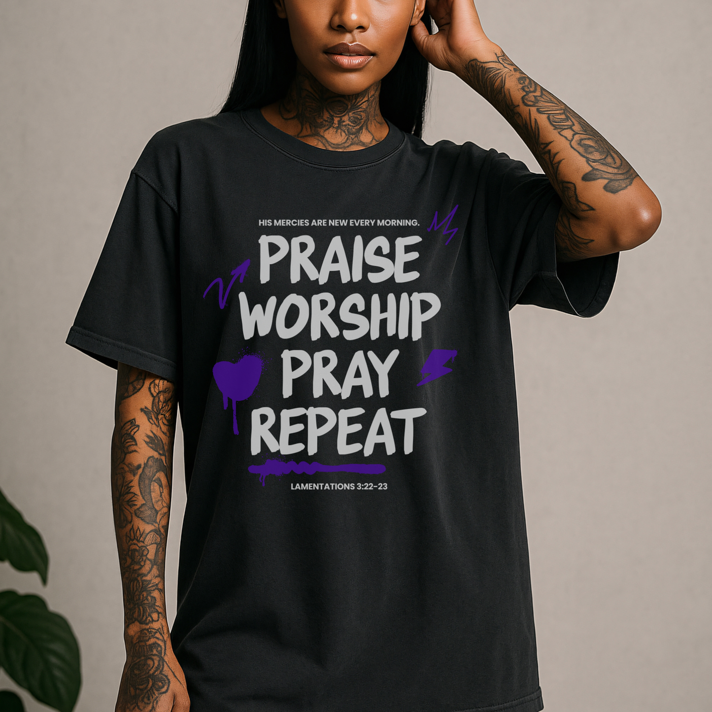Praise Worship Pray Repeat T-Shirt — Christian Faith Graphic Tee