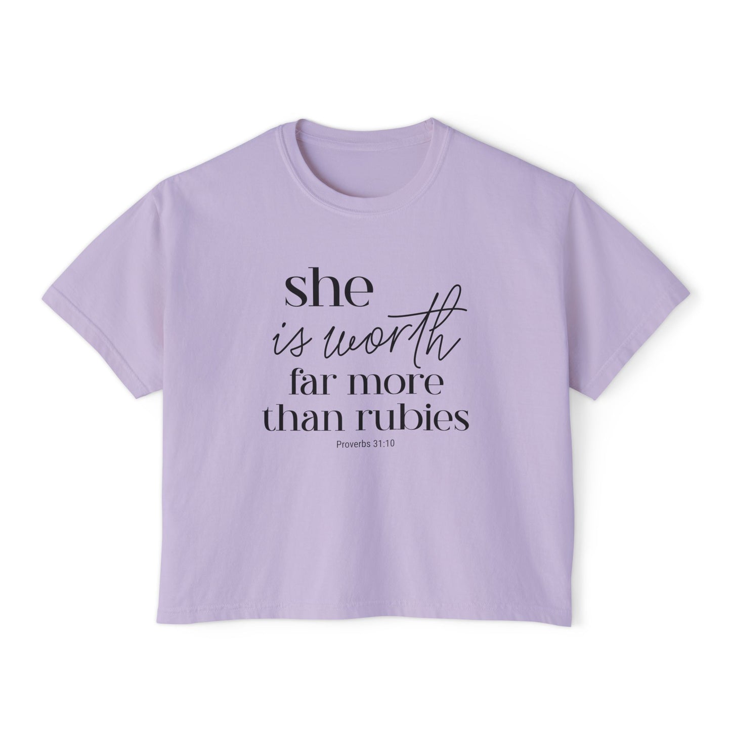Proverbs 31 Woman Boxy Tee — "She is Worth Far More Than Rubies" Inspirational Christian Top