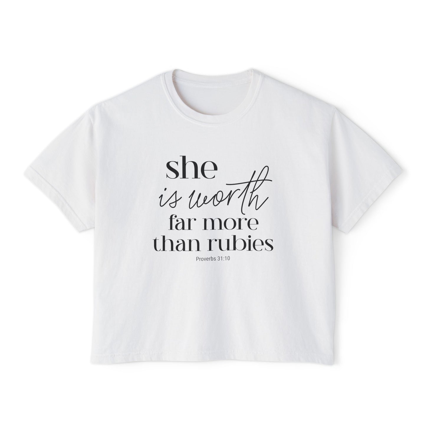Proverbs 31 Woman Boxy Tee — "She is Worth Far More Than Rubies" Inspirational Christian Top