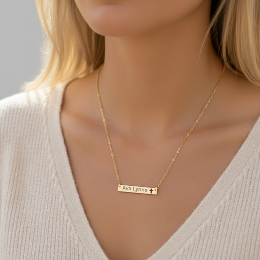 Engravable Cutout Cross Bar Necklace — Message Personalized Name Jewelry