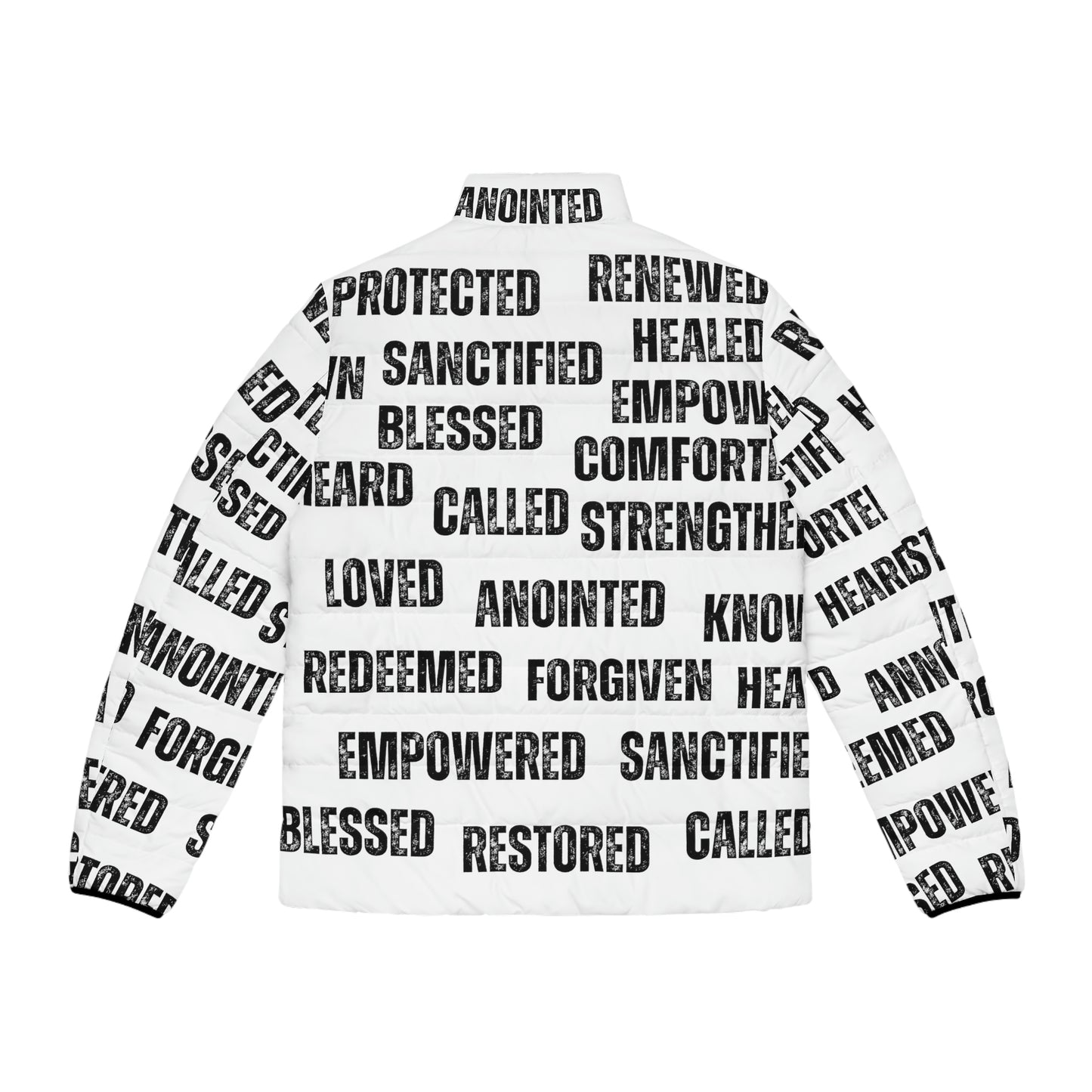 Christian Streetwear, Christian Affirmations Puffer Jacket, Wrapped in God's Promises Graphic Jacket, Gospel Jacket