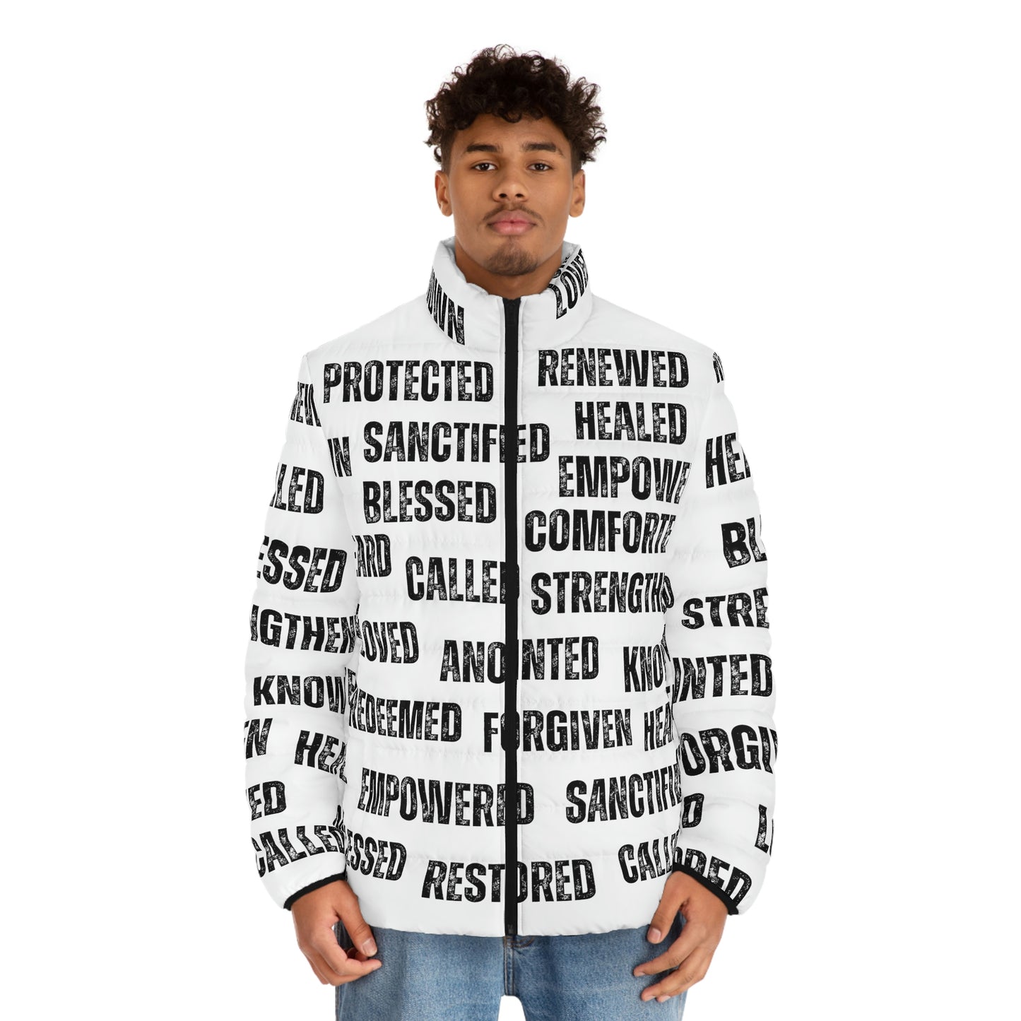 Christian Streetwear, Christian Affirmations Puffer Jacket, Wrapped in God's Promises Graphic Jacket, Gospel Jacket