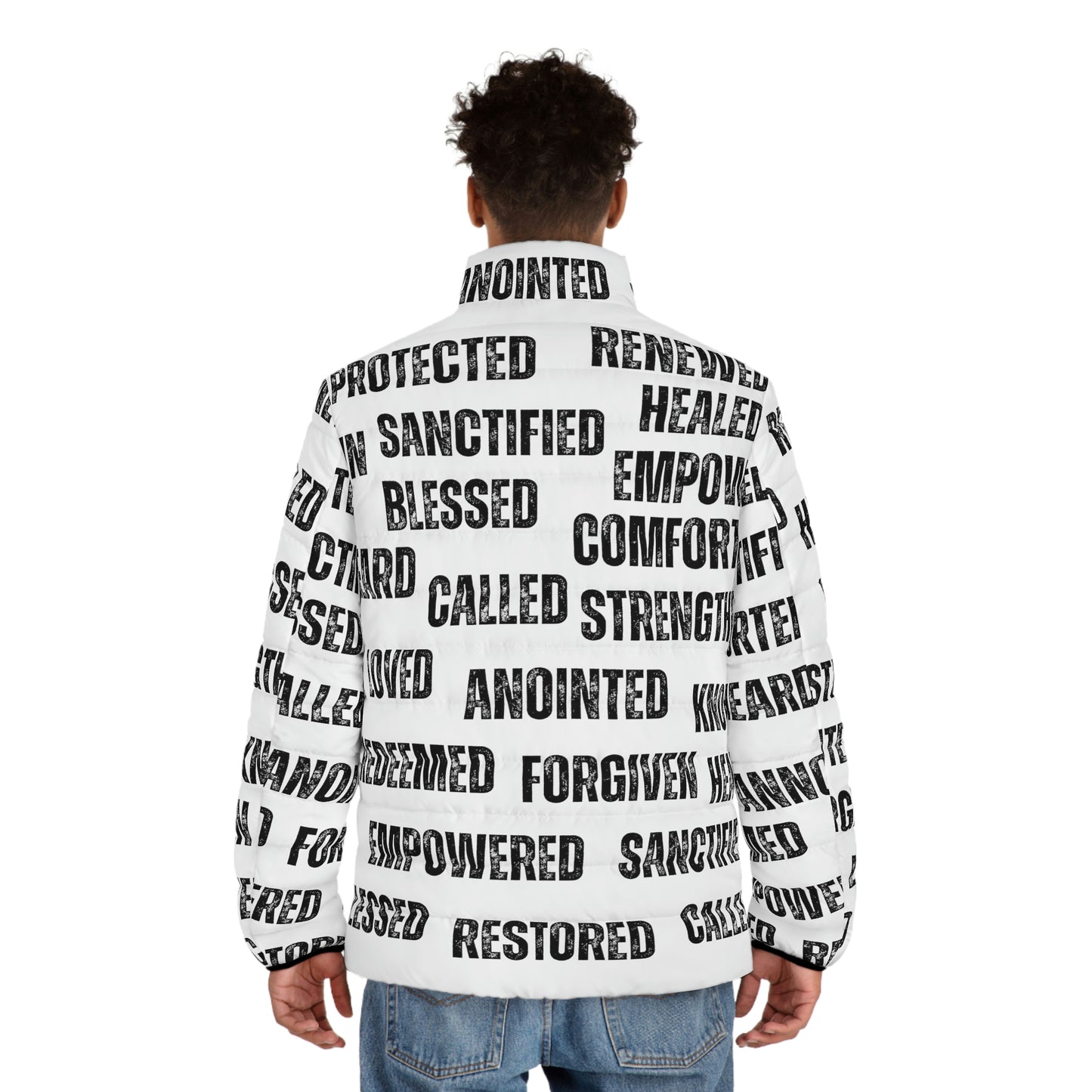 Christian Streetwear, Christian Affirmations Puffer Jacket, Wrapped in God's Promises Graphic Jacket, Gospel Jacket